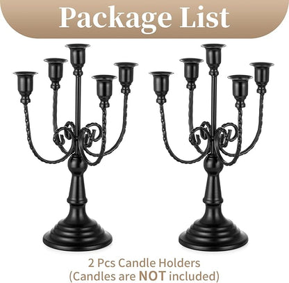 Package view: set of 2 black metal taper candelabra candle holders, candles not included