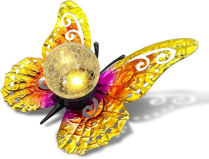 Solar Butterfly Tabletop Garden Light with Crackle Glass Globe - Metal Decor