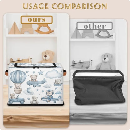 Rectangular Storage Baskets for Shelves - Waterproof Foldable Laundry Basket, Nursery Hamper, Reusable Toy Bin for Organizing Toys, Books, Clothes, Closet 14"x10.2" x10.4" (Little Bear)