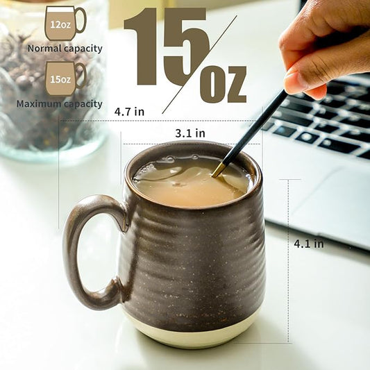 Rustic Brown Stoneware Coffee Mugs – Set of 6 | 15oz Big Handle | Indoor & Outdoor | Dishwasher & Microwave Safe | Coffee Gift Set