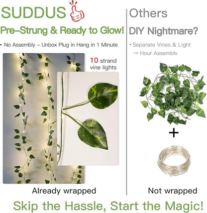 Pothos Vine Fairy Lights – 6.5ft x 6.5ft 200 LED Warm White | Pre-Strung Leaf Curtain Lights | Remote Timer Dimmer | Bedroom Dorm Wedding Party Wall Decor
