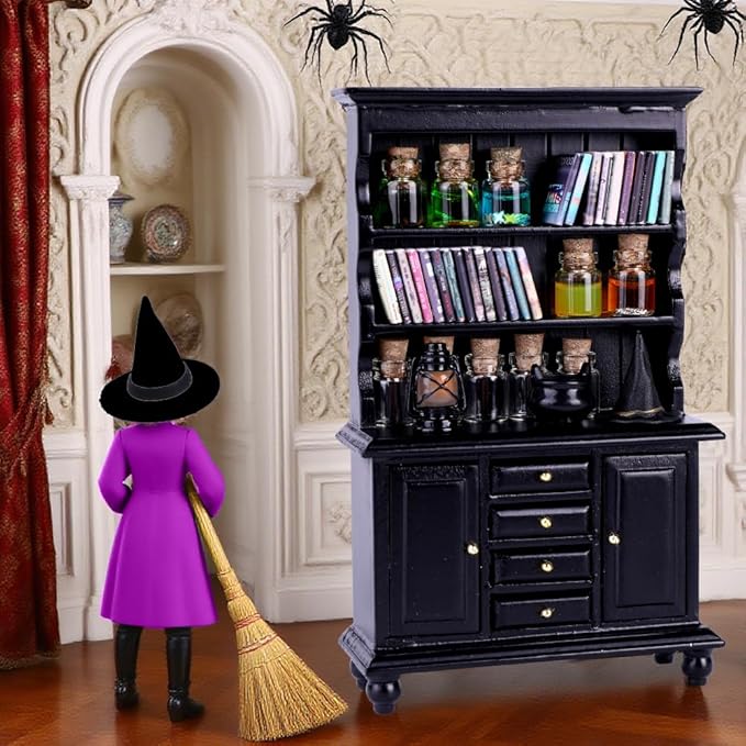 Wizard dollhouse miniatures set with broom-witch figure, black apothecary cabinet, and bottles