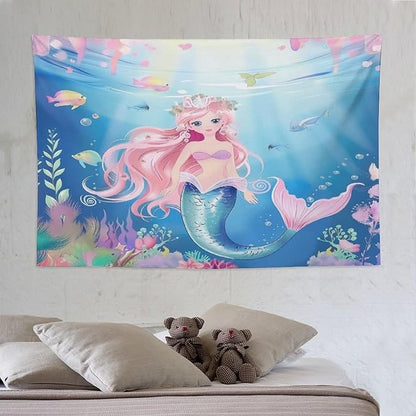 Mermaid Princess Wall Tapestry – 90" x 60" XL Watercolour | Largest Girls Bedroom Decor | Wall Hanging | Dorm Living Room Kids Room