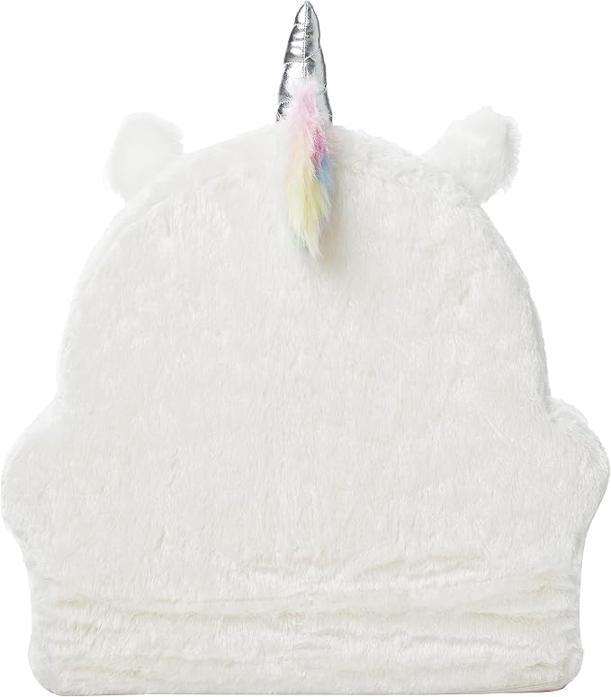White plush unicorn toddler chair, back view with horn and fluffy mane