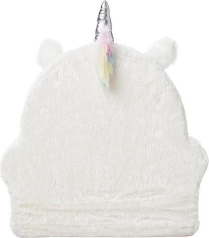 White plush unicorn toddler chair, back view with horn and fluffy mane