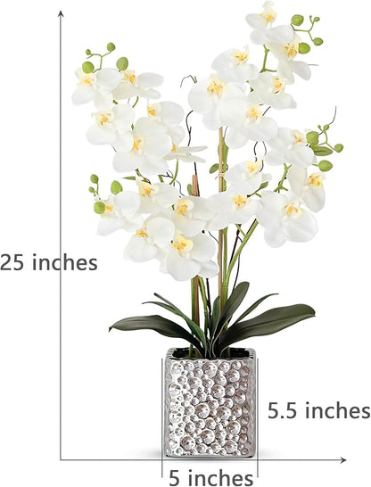 Faux white orchid arrangement with green buds in a silver textured square vase
