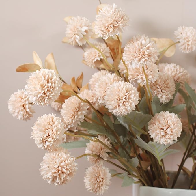 Beige faux chrysanthemum pom-pom stems with layered leaf accents