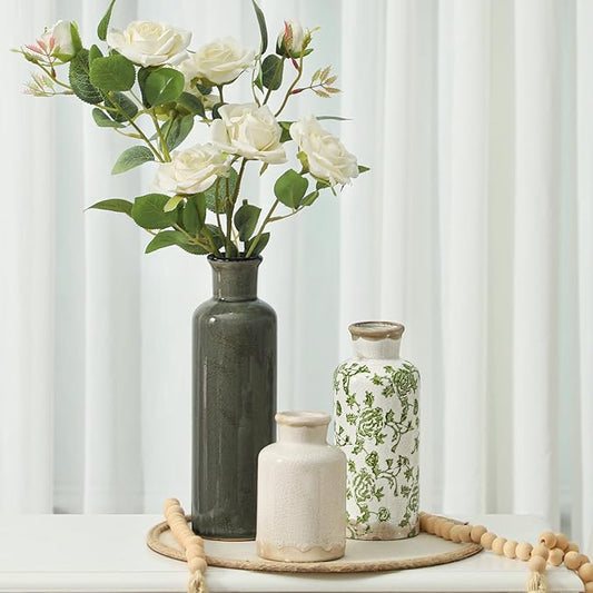 Set of 3 ceramic vases: dark green tall, white small, beige green-patterned