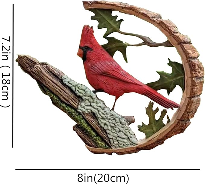 Wooden cardinal bird sculpture with red cardinal on branch inside leaf cutout arch