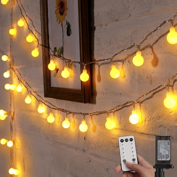 Warm White Globe String Lights – 33ft 100 LED | IP44 Waterproof | Remote Timer Dimmer 8 Modes | Indoor Outdoor Bedroom Party Wedding Garden RV Canopy