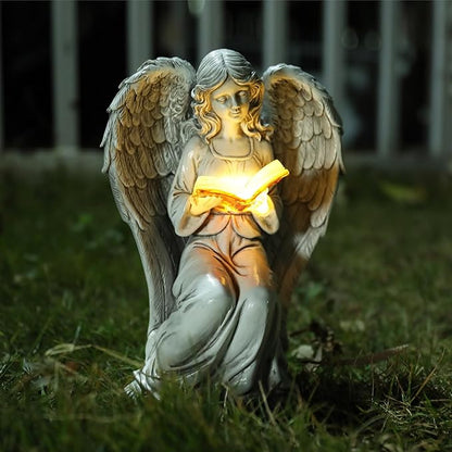 Solar Angel Garden Statue Reading Book with LED Glow - Elegant Resin Outdoor Decor