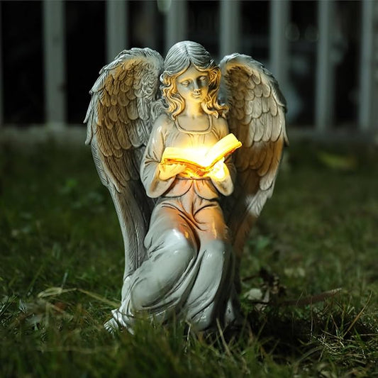 Solar Angel Garden Statue Reading Book with LED Glow - Elegant Resin Outdoor Decor