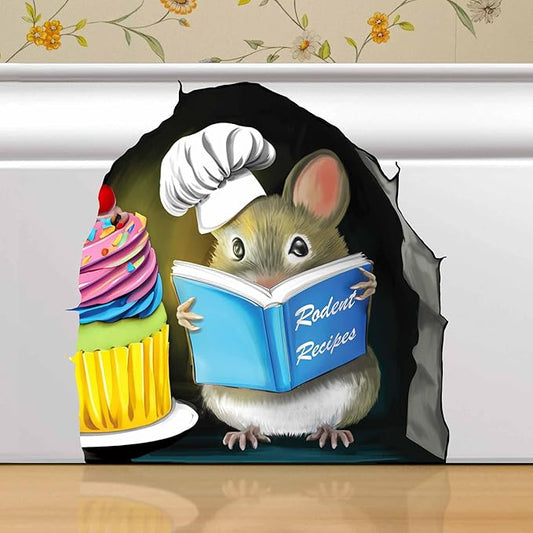 Kids wall sticker decal of a mouse reading a blue book with cupcake and frosting