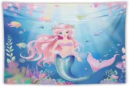 Mermaid Princess Wall Tapestry – 60" x 40" Watercolour Girls Bedroom Decor | Wall Hanging | Dorm Living Room | Baby Shower Gift