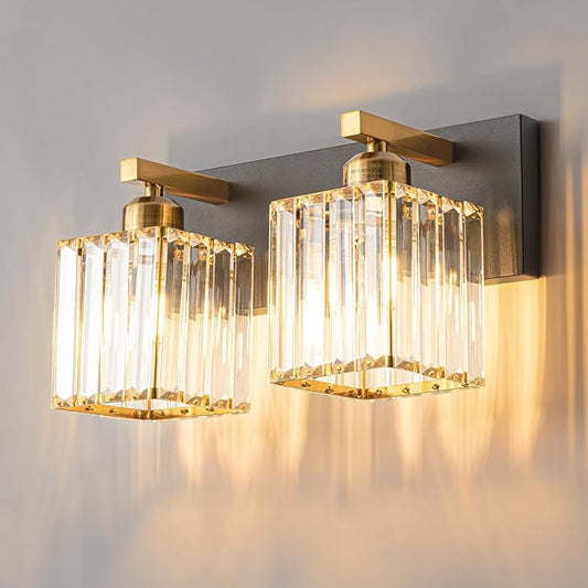 Black and gold two-light crystal vanity wall sconce with faceted glass shades