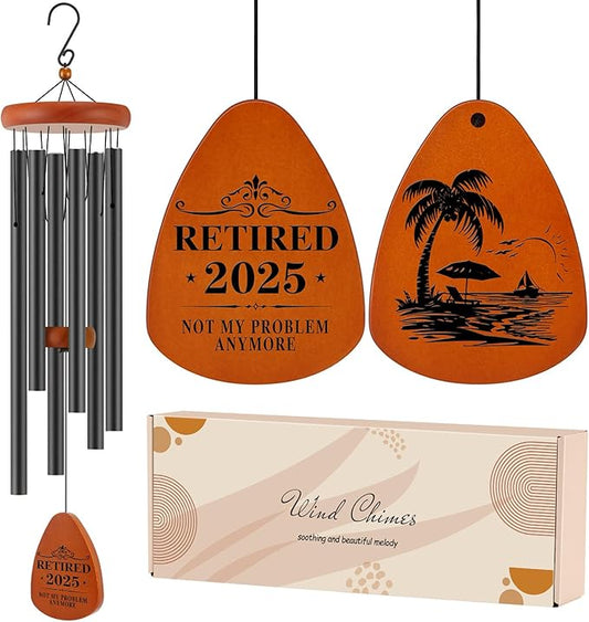 Orange triangle wind chime with “Retired 2025” text and multiple black hanging tubes