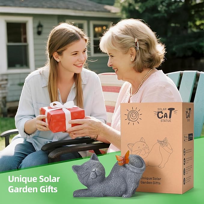 Solar Cat Garden Statue with Lighted Butterfly - IP65 Resin Outdoor Decor