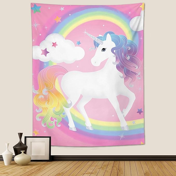 Unicorn rainbow tapestry wall hanging on pink background with multicolor mane and stars