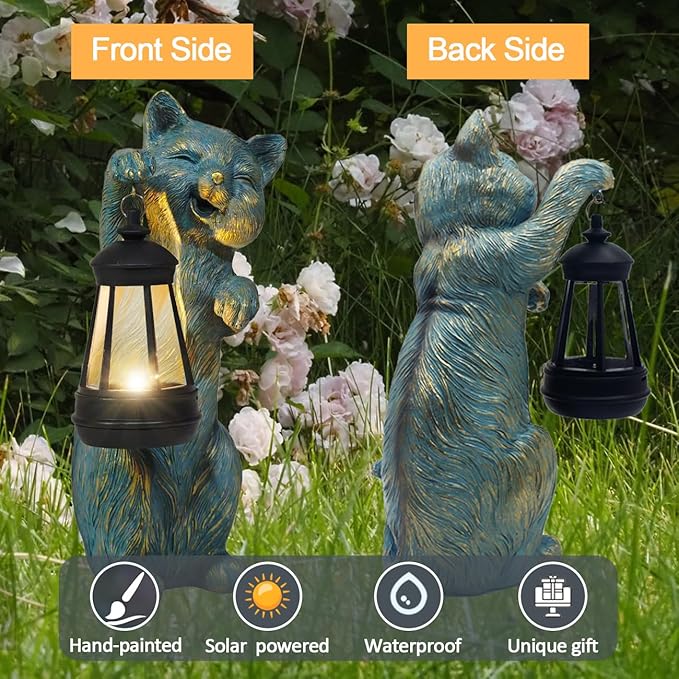 Solar Cat Garden Statue Holding Lantern - Antique Style Resin Outdoor and Patio Decor