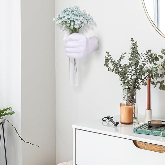 White Hand Wall Vase Sculpture - Modern Wall-Mounted Art with Glass Test Tube Vase for Flowers, Plants, and Decorative Branches
