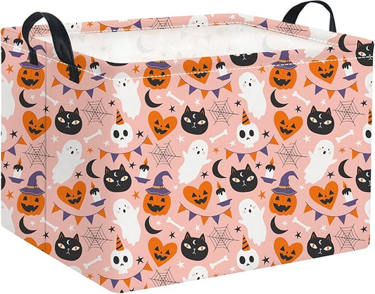 Kids rectangular Halloween storage basket, pink with cats, pumpkins, ghosts pattern and handles