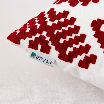 Embroidery tag on red and white throw pillow cover, HWY 50 logo