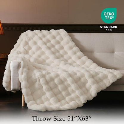 Cream White Bubble Faux Fur Throw Blanket – 50"x60" | 1300GSM Ultra-Thick Double Faux Fur | 3D Bubble Texture | Anti-Shedding | Gift for Women