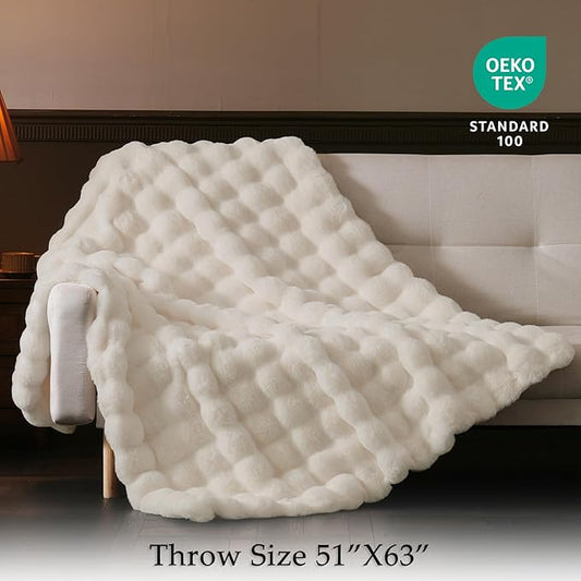 Cream White Bubble Faux Fur Throw Blanket – 50"x60" | 1300GSM Ultra-Thick Double Faux Fur | 3D Bubble Texture | Anti-Shedding | Gift for Women