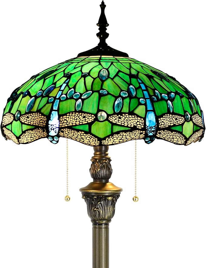 Green stained glass floor lamp with scalloped shade, bronze base, hanging pull chains