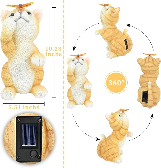 Solar Cat Garden Statue with Butterfly - 10.23-Inch Resin Outdoor Decor