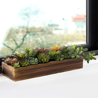 Rustic brown rectangular planter with faux succulents, includes a small trailing leaf sprig