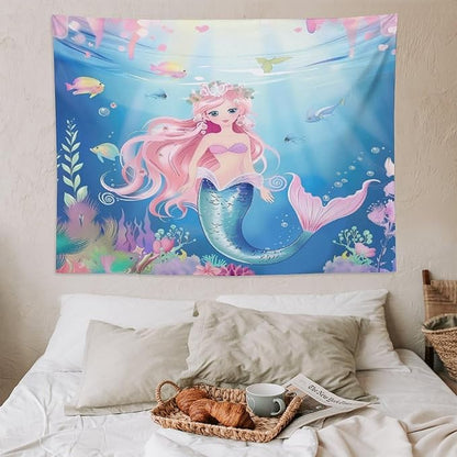 Mermaid Princess Wall Tapestry – 80" x 60" Large Watercolour | Wide Feature Wall Statement | Girls Bedroom Living Room Dorm | Wall Hanging