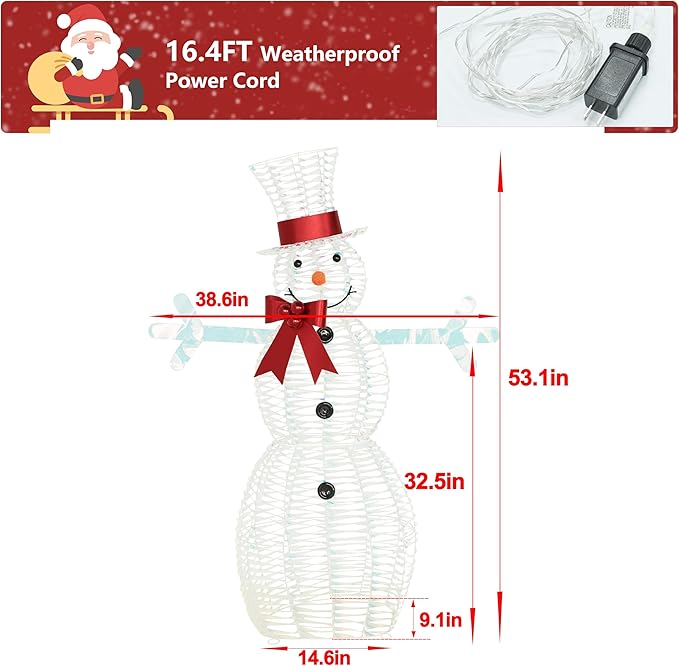 Iridescent LED snowman silhouette with red scarf and top hat, shown with size measurements