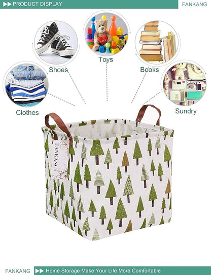 Green Forest Canvas Storage Hamper Basket - Foldable Waterproof Woodland Bin for Nursery, Home, and Christmas Gift Hampers