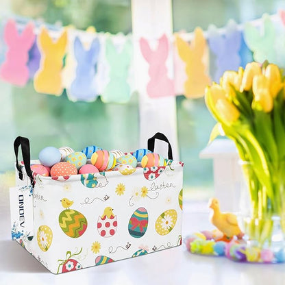 Easter Eggs Canvas Storage Hamper Basket - Foldable Waterproof Easter Egg Hunt Bin for Kids, Easter Gifts, and Spring Hamper Building