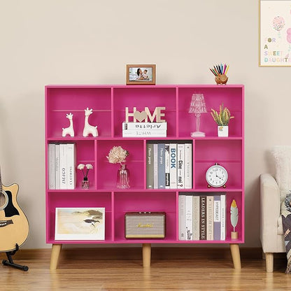 Hot Pink 10-Cube Bookcase with Wood Legs - 3-Tier Mid-Century Wide Freestanding Display Shelf for Girls Room, Bedroom, and Bold Home Office