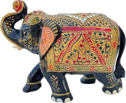 Handcrafted Wooden Elephant Figurine with Gemstone Embellishments - Lucky Home Decor