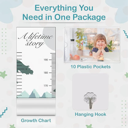 Height growth chart kit with 10 plastic photo pockets and hanging hook.