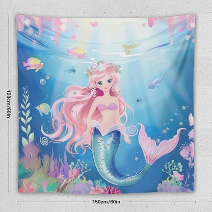 Mermaid Princess Wall Tapestry – 60" x 60" Square Watercolour | Symmetrical Girls Bedroom Decor | Wall Hanging | Dorm Living Room Kids Room