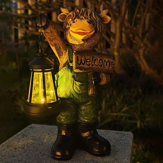 Solar Cow Garden Statue with Lantern and Welcome Sign - Farmhouse Resin Outdoor Decor