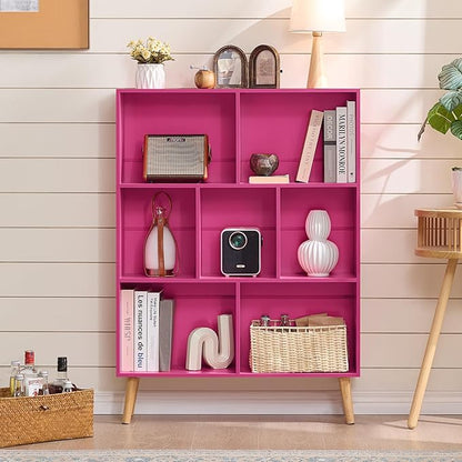 Pink 7-Cube Criss-Cross Bookshelf with Legs - Narrow 3-Tier Laminated Open Bookcase for Nursery and Small Spaces