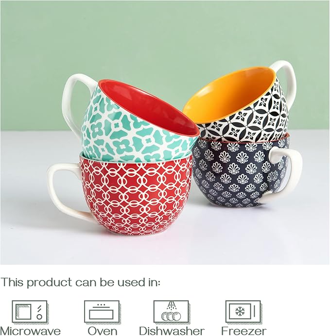 Four ceramic coffee mugs stacked, teal and red lattice, orange interior, and black white pattern