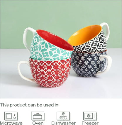 Four ceramic coffee mugs stacked, teal and red lattice, orange interior, and black white pattern