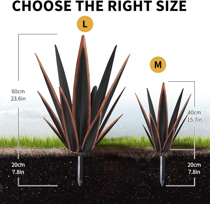 Large Tequila Rustic Sculpture, Rustic Metal Agave Plants for Outdoor Patio Yard, Home Decor Hand Painted Metal Agave Garden Yard Statue, Outdoor Lawn Ornaments Yard Stakes (Black -L)