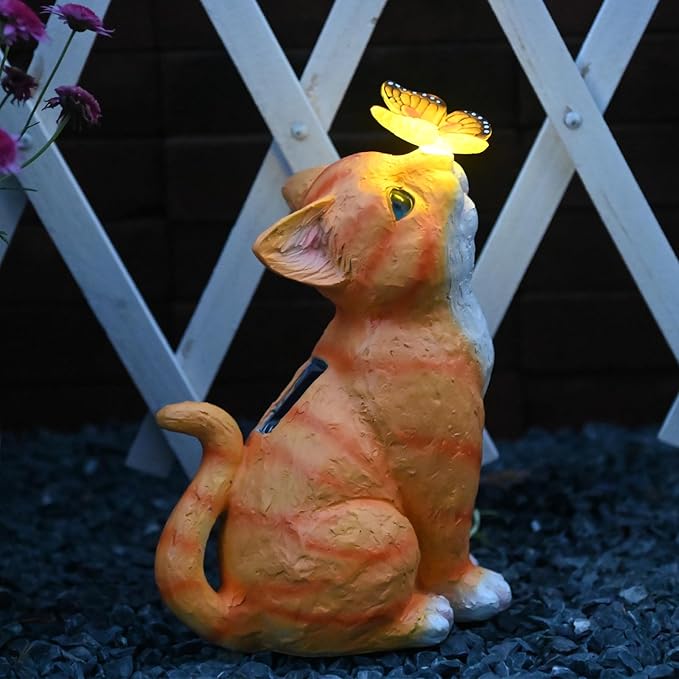 Yellow Cat Solar Garden Statue with LED Light - Waterproof Resin Outdoor Decor