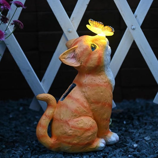 Yellow Cat Solar Garden Statue with LED Light - Waterproof Resin Outdoor Decor