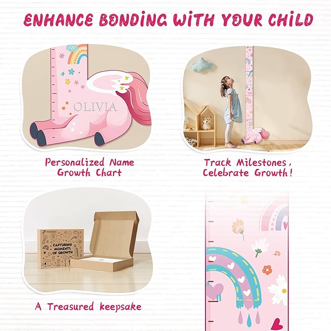 Promotional layout showing unicorn personalized name growth chart and milestone tracking panel.
