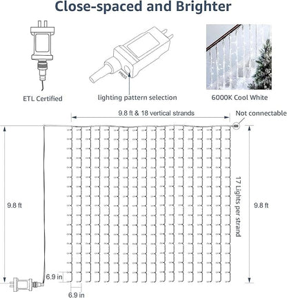 Cool White LED Curtain Fairy Lights – 306 LEDs 10x10ft | 18 Dense Strands 8 Modes Memory Function | Bedroom Wedding Party Backdrop Indoor