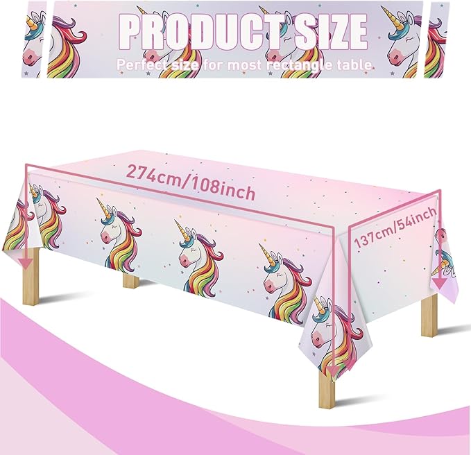 Pink unicorn disposable tablecloth showing rainbow unicorn pattern and size measurements