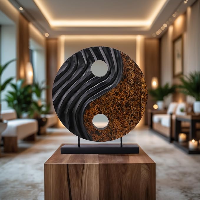 Solid wood yin yang decor sculpture on stand; black carved side and brown textured side